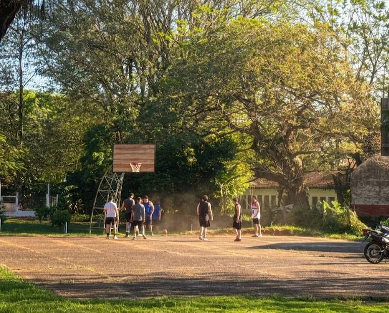 Ocho jóvenes en ropa deportiva juegan baloncesto en una cancha al aire libre rodeada de árboles.
