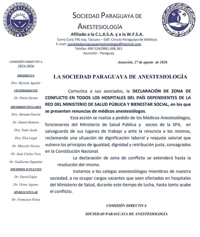 Documento oficial de la Sociedad Paraguaya de Anestesiología que comunica una declaración formal sobre la situación laboral de anestesiólogos.