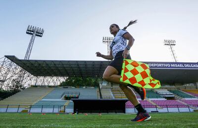 Venezuelan referee Migdalia Rodriguez is pictured during a training session at the Miguel Delgado stadium in Valencia, Carabobo State, Venezuela, on June 7, 2024. Eight women will break new barriers in refereeing during the Copa América 2024. The oldest national team tournament in the world will have female referees for the first time, and one of them is Venezuelan Migdalia Rodríguez. (Photo by Juan Carlos HERNANDEZ / AFP)