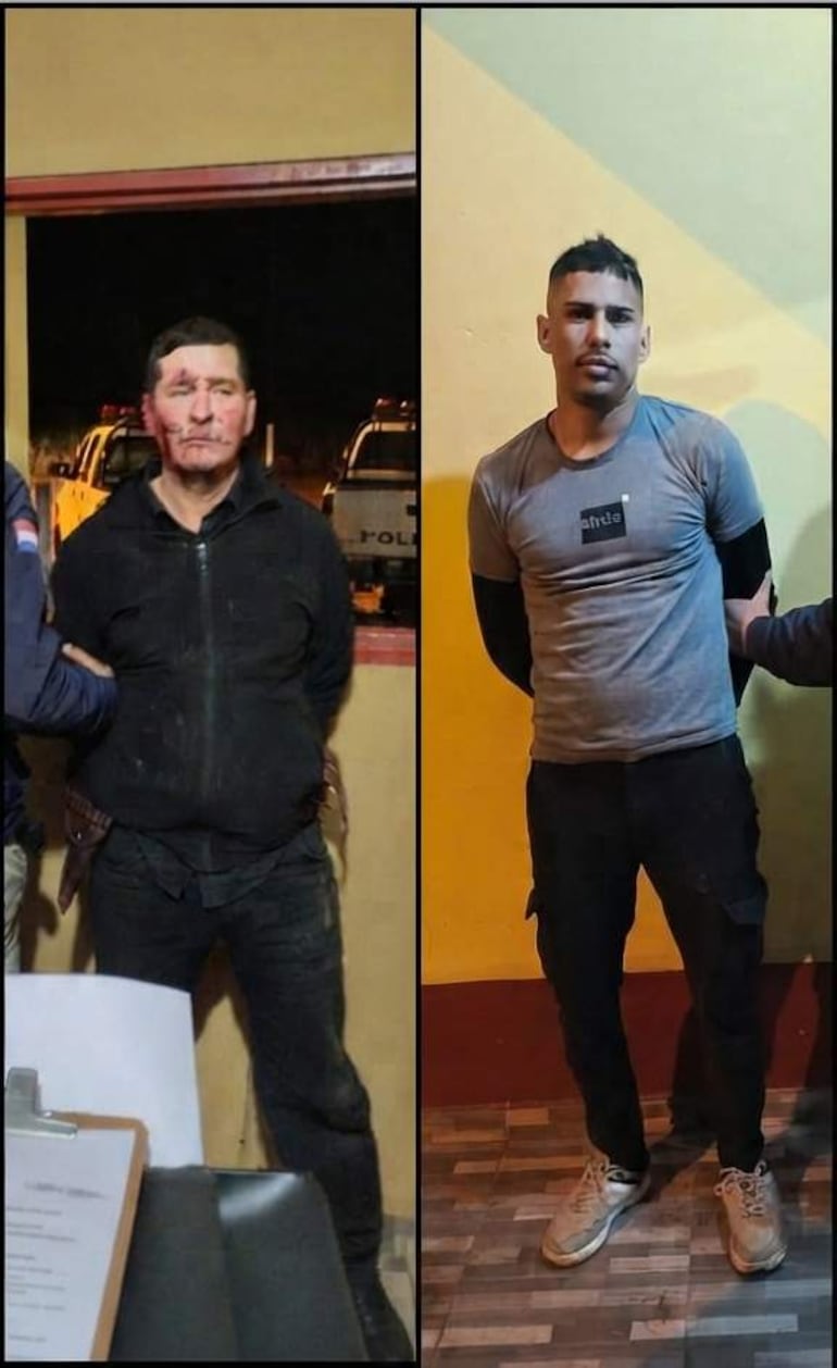 Hombre de piel clara con abrigo oscuro y rostro ensangrentado, junto a otro de piel morena con camiseta gris en comisaría.