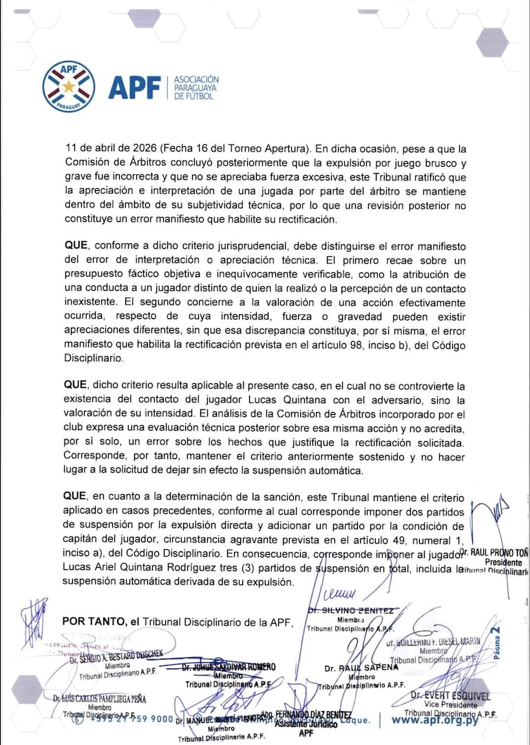 El Tribunal Disciplinario rechazó el pedido presentado por el Club Cerro Porteño.