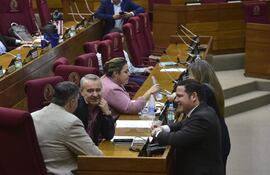 Los diputados Esteban Samaniego (de espaldas), Daniel Centurión y Alejandro Aguilera conversan durante la sesión desarrollada en la fecha.