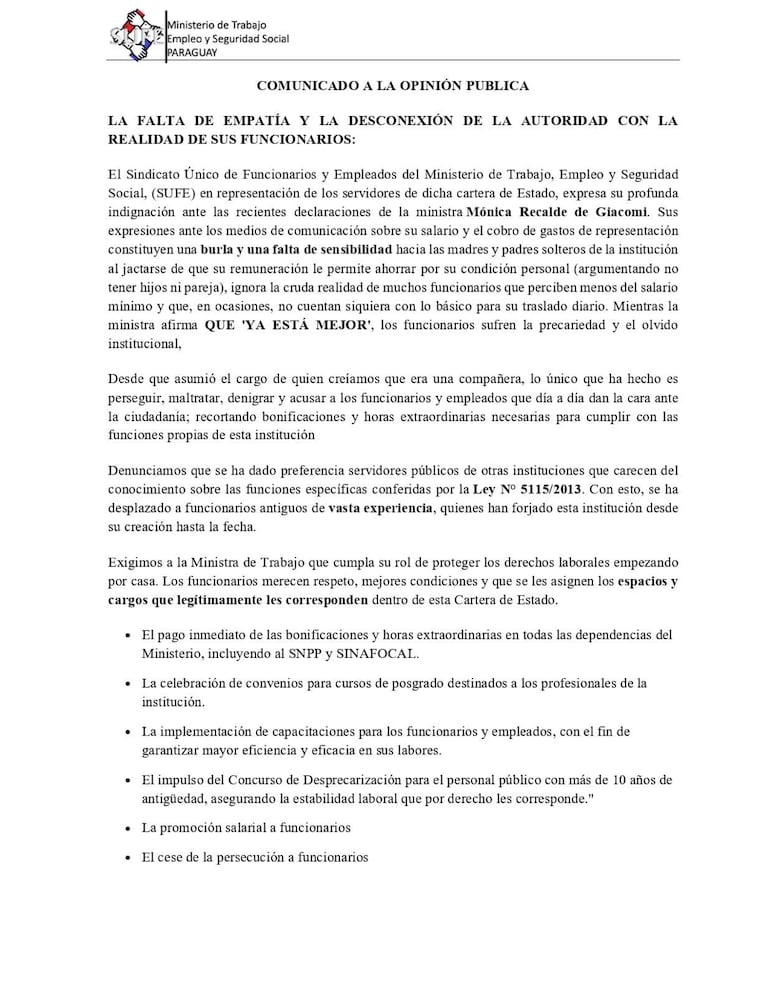 Comunicado del SUFE sobre reclamos laborales con relación a las declaraciones de la ministra Mónica Recalde y el contexto de su salario.