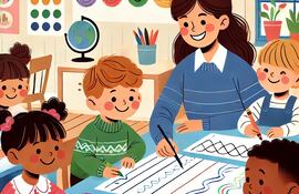 Imagen generada con IA. Una maestra realiza con niños unos ejercicios de aprestamiento.