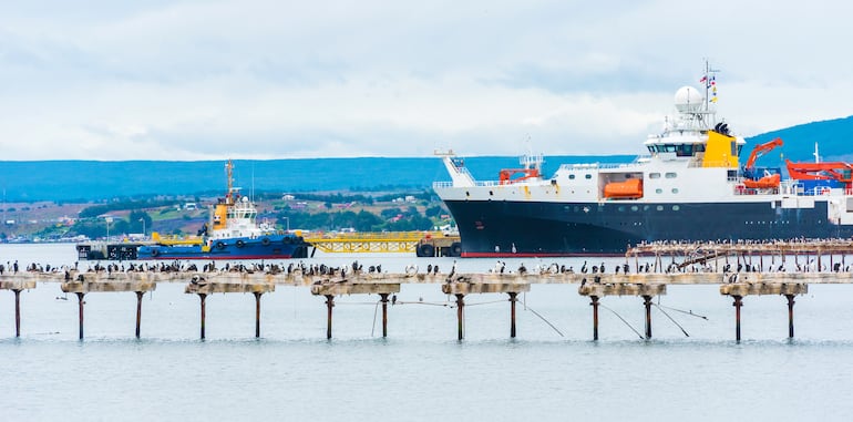 Barcos en la costa de Punta Arenas, Chile.