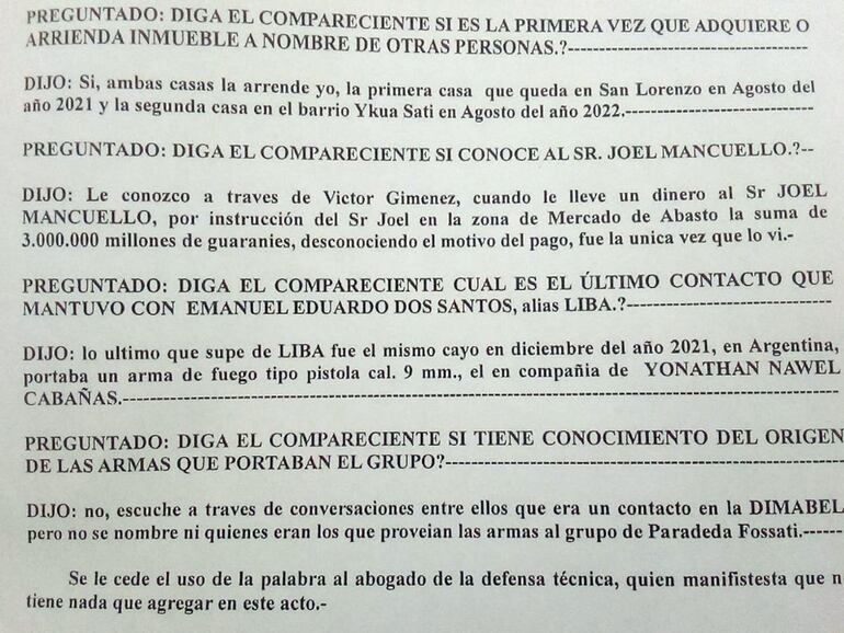Testimonio de la víctima de sicariato, en el que aparece por ejemplo el paraguayo Joel Mancuello Ferreira y se menciona que tenían un contacto en Dimabel que les proveía armas.