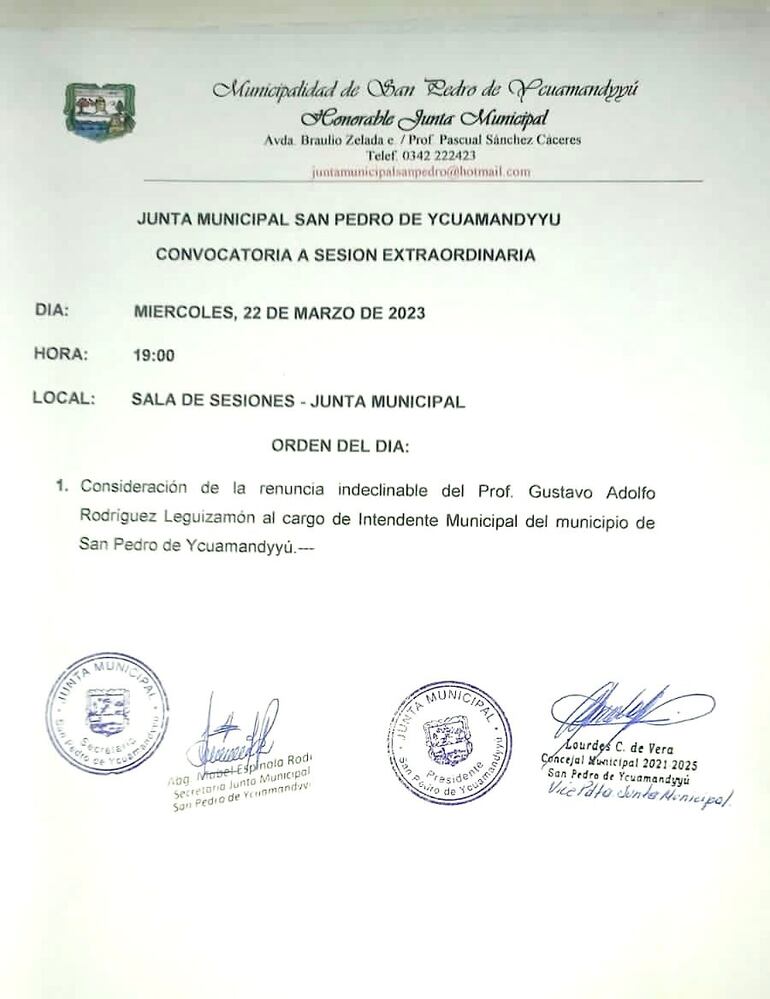 Convocatoria para la sesión extraordinaria de esta tarde en San Pedro.
