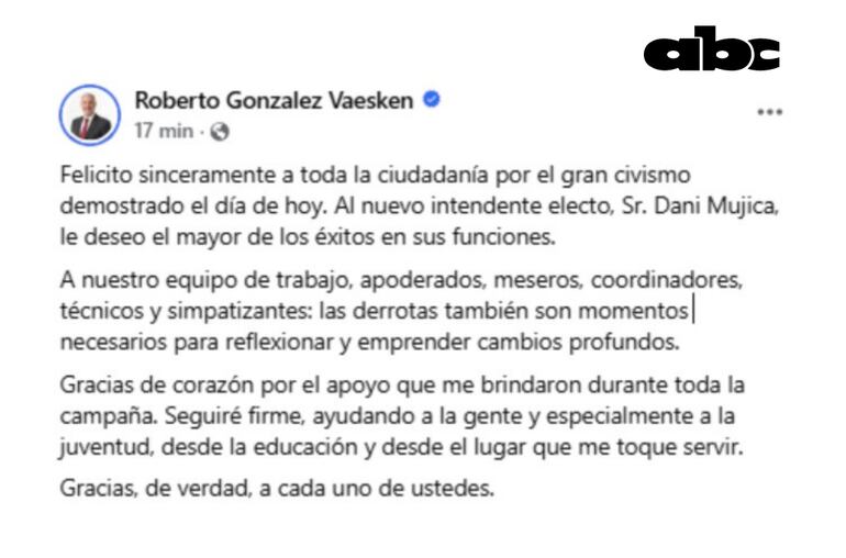 Roberto González Vaesken reconoce su derrota en las elecciones municipales.