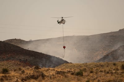 Un helicóptero de Infoca (Servicio de Extinción de Incendios Forestales de Andalucía) lanza agua mientras los bomberos continúan combatiendo un incendio forestal que causó la muerte de al menos 12 personas, cerca de Los Gallardos.