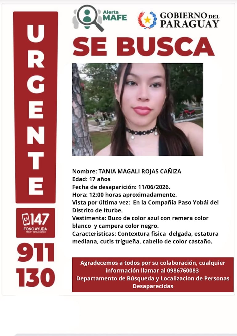 Tania Magalí Rojas, adolescente desaparecida en Iturbe.