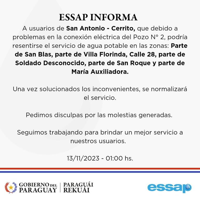 El comunicado emitido por la Essap por la falta de agua en varios barrios de San Antonio.
