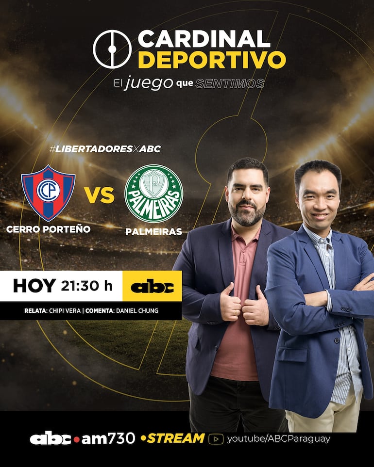 El partido entre Cerro Porteño y Palmeiras lo vivirás por la 730 AM y por ABC TV en YouTube.