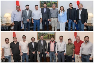 Cristina Villalba con blazer azul, César Ramírez en saco gris y Pedro Alliana con camisa clara, en ambiente formal con diversas personas.
