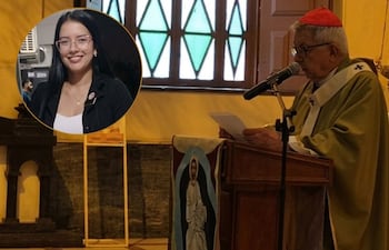 Combo de imágenes que muestra al cardenal Martínez pronunciando su homilía y en una esquina superior la fotografía de quien fuera en vida Deisy Giménez