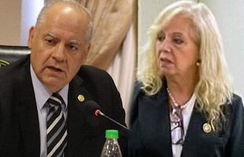 Luis María Benítez Riera con chaqueta oscura y camisa clara, hablando seriamente, mientras María Verónica Sienra, vestida de oscuro, escucha atentamente.