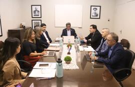 De izq, a der: las abogadas Alejandra Peralta Merlo y Pilar Callizo, los diputados Mauricio Espínola y Roberto González (ANR), el constitucionalista Hugo Estigarribia, el diputado Daniel Centurión (ANR) y el abogado Jorge Rolón Luna.