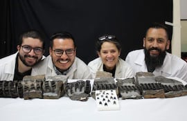 Fotografía cedida por la Universidad Nacional de un grupo de científicos colombianos de la Universidad Nacional y del Servicio Geológico Colombiano posando junto al fósil de un tiburón gigante, que se considera el más completo que existe en el mundo y que fue hallado por un equipo de científicos colombianos en el montañoso departamento de Boyacá (Colombia).