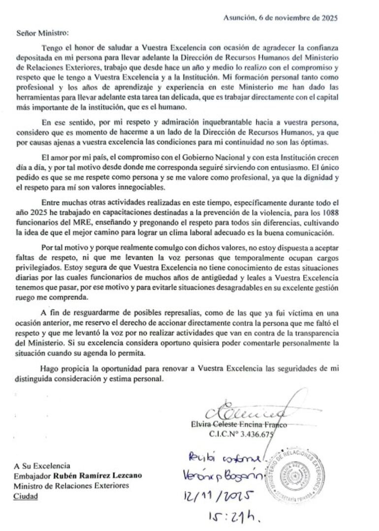 Directora de RR.HH. de Cancillería denuncia maltrato de un alto funcionario