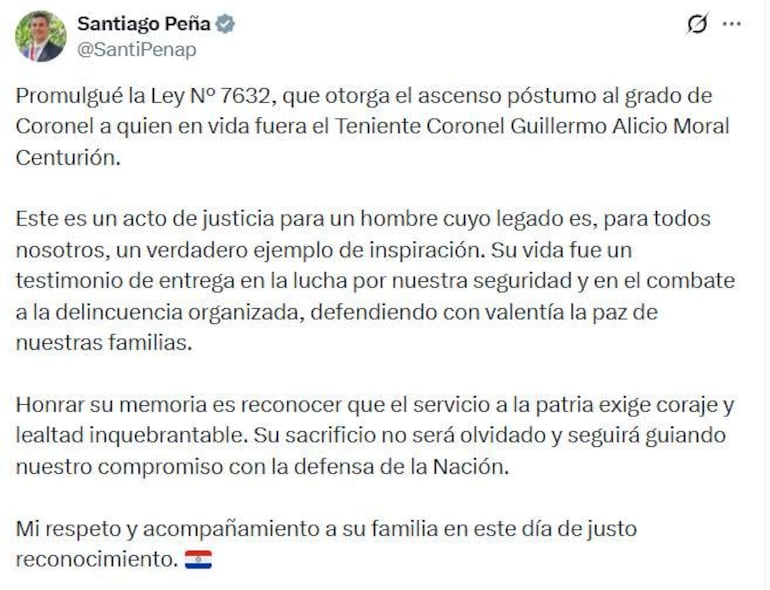 Post en redes sociales de Santiago Peña, con texto sobre el homenaje al Teniente Coronel Guillermo Alicio Moral Centurión.