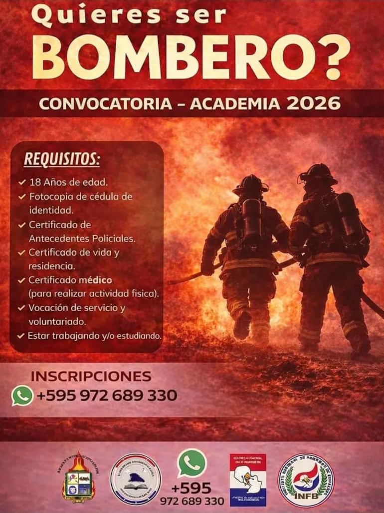 Convocatoria de los Bomberos Voluntarios de Lambaré a los interesados en ingresar a la Academia de Formación Básica de Bomberos.