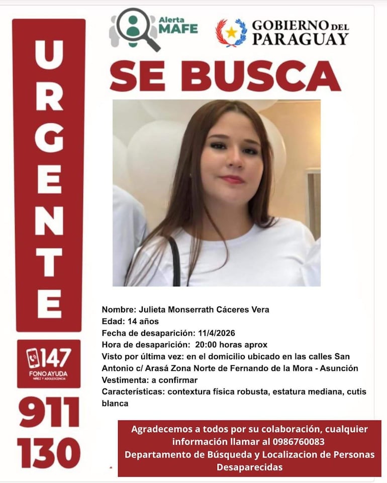 Cartel de alerta sobre Julieta Cáceres, con fondo claro y letras rojas destacadas. Incluye su imagen y datos de contacto.