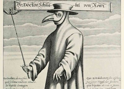 Imagen de un grabado de Paul Fürst de un médico de la peste negra en 1656.