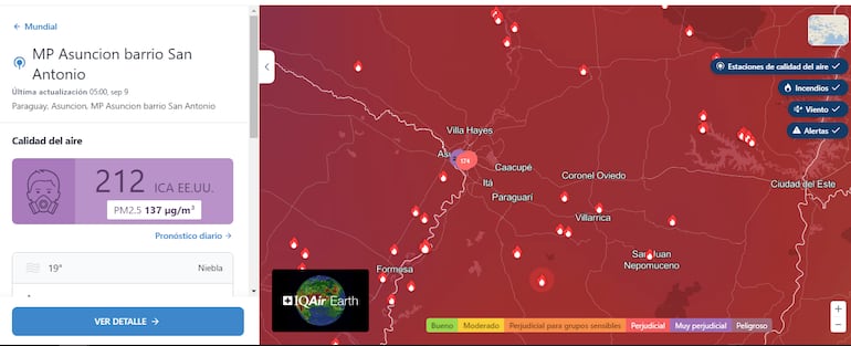 Así está la calidad del aire en Paraguay este lunes, según la aplicación IQAir AirVisual.