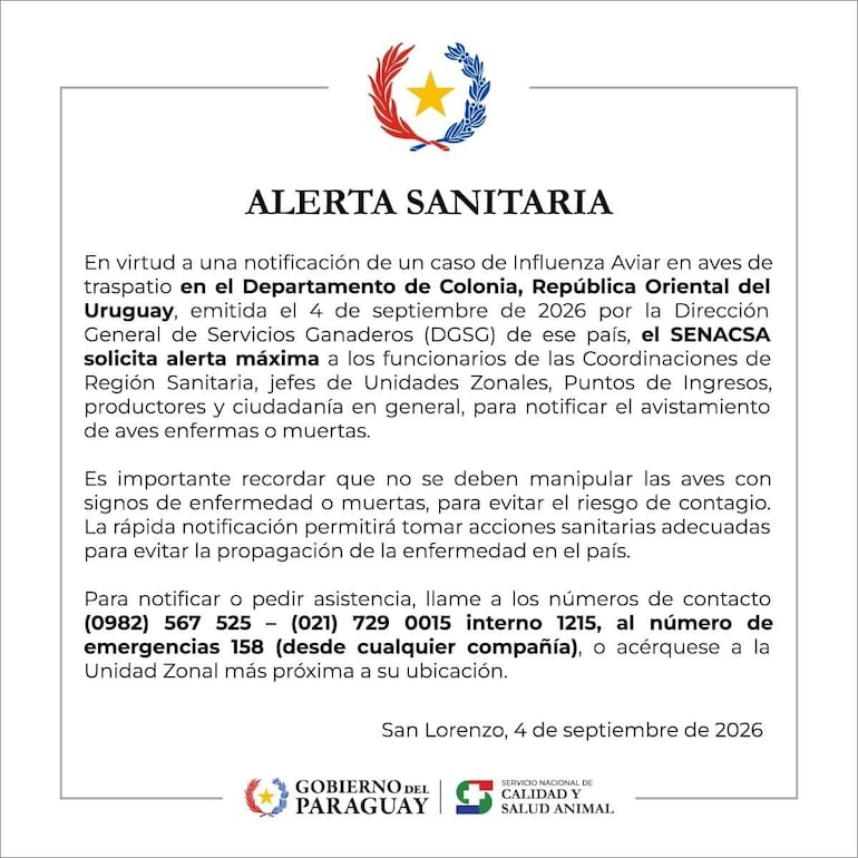 Documento oficial titulado 'ALERTA SANITARIA' con detalles sobre gripe aviar en Uruguay.