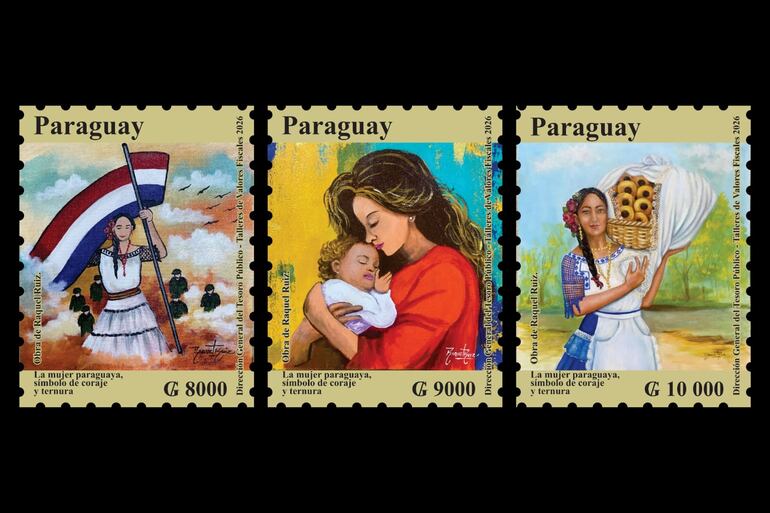 Las tres estampillas que hacen referencia al sacrificio de la mujer paraguaya, la chiperita y la madre paraguaya.