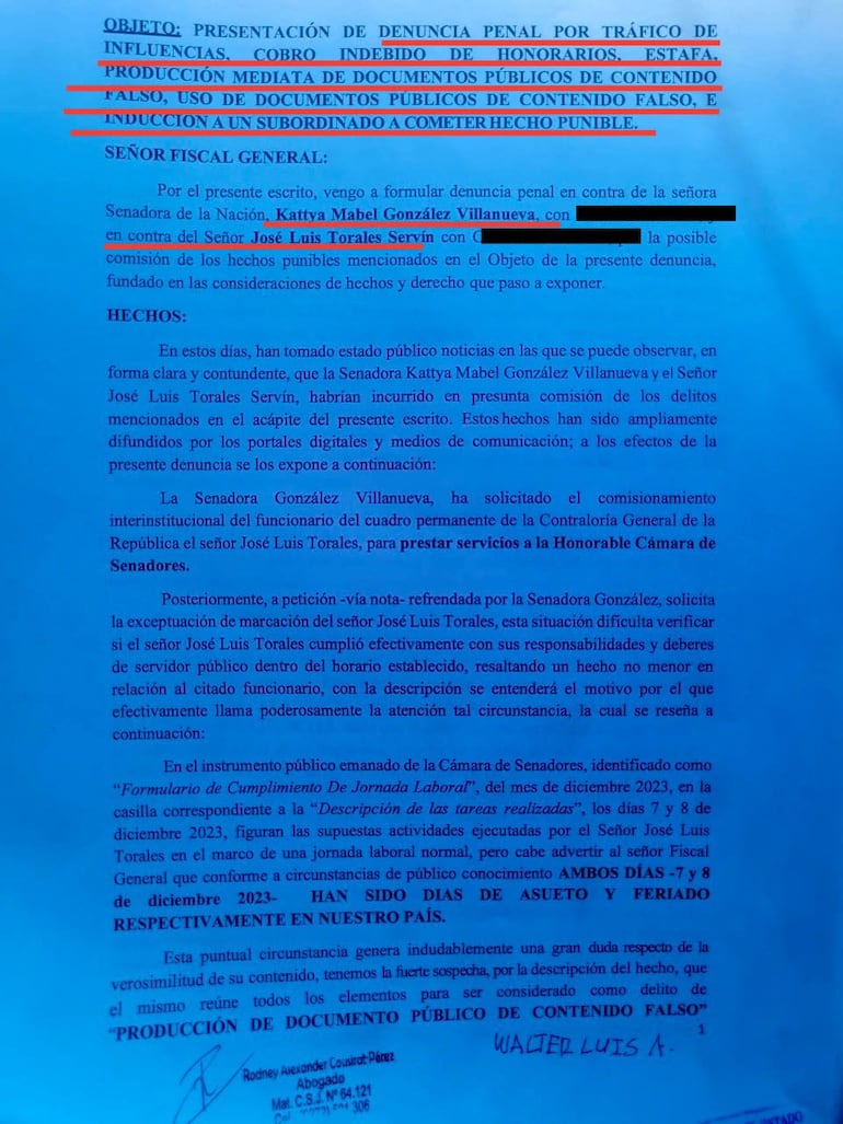 Denuncia penal contra la senadora Kattya González con la firma de Walter Aguilera. (gentileza).