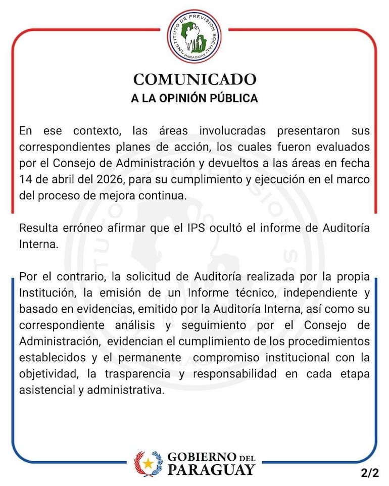 Comunicado oficial del IPS, con encabezado y texto formal sobre auditorías internas y planes de acción.