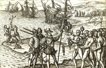 Epígrafe: Desembarco de Colón el 12 de octubre de 1492. Grabado de Theodor de Bry.