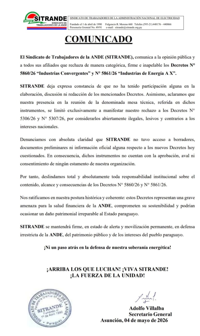 Comunicado de Sitrande sobre los decretos 5860 y 5861.