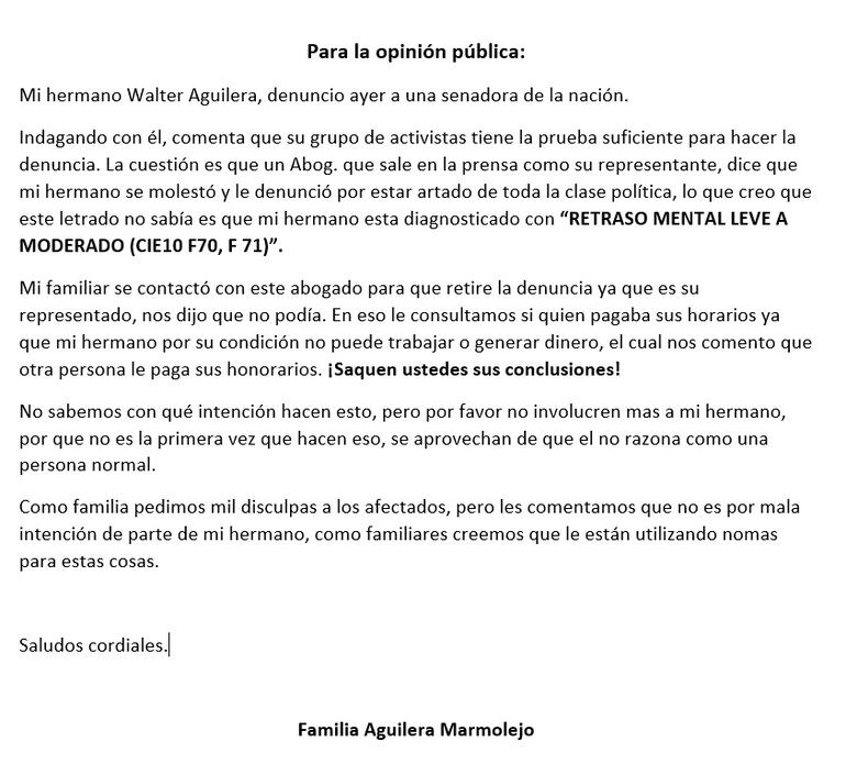 Comunicado de la familia de Walter Aguilera tras la denuncia a Kattya González.