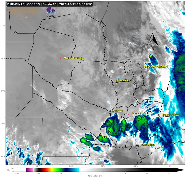 Mapa satelital de la Dirección de Meteorología muestra las zonas bajo alerta de tormenta