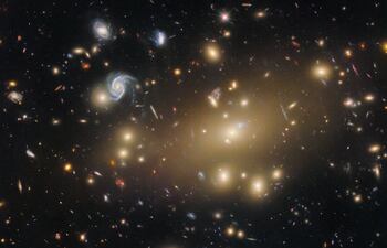 El enorme cúmulo de galaxias deformado por el espacio-tiempo que se muestra en esta imagen del telescopio espacial Hubble de la NASA es Abell 209, situado a 2.800 millones de años luz de distancia en la constelación de Cetus, la Ballena. Las galaxias de Abell 209 están separadas por millones de años luz, y el espacio aparentemente vacío entre las galaxias está lleno de gas caliente y difuso que solo es visible en longitudes de onda de rayos X. Un ocupante aún más escurridizo de este cúmulo de galaxias es la materia oscura. La inmensa masa de un cúmulo de galaxias puede doblar el tejido del espacio-tiempo y crear imágenes deformes y ampliadas de las galaxias y estrellas en el fondo, en un proceso llamado lente gravitatoria. Aunque esta imagen carece de los dramáticos anillos que a veces puede crear la lente gravitatoria, Abell 209 todavía muestra señales sutiles de esta lente en acción, visibles en la forma de las galaxias como rayas y ligeramente curvadas que están dentro del resplandor dorado del cúmulo. Al medir la distorsión de estas galaxias, los astrónomos pueden cartografiar la distribución de masa dentro del cúmulo, que ilumina la nube subyacente de materia oscura.