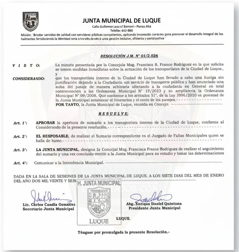 Resolución donde se resuelve sumariar a los empresarios del transporte.