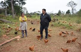 El padre Simón Martínez durante una visita a una finca de gallinas.