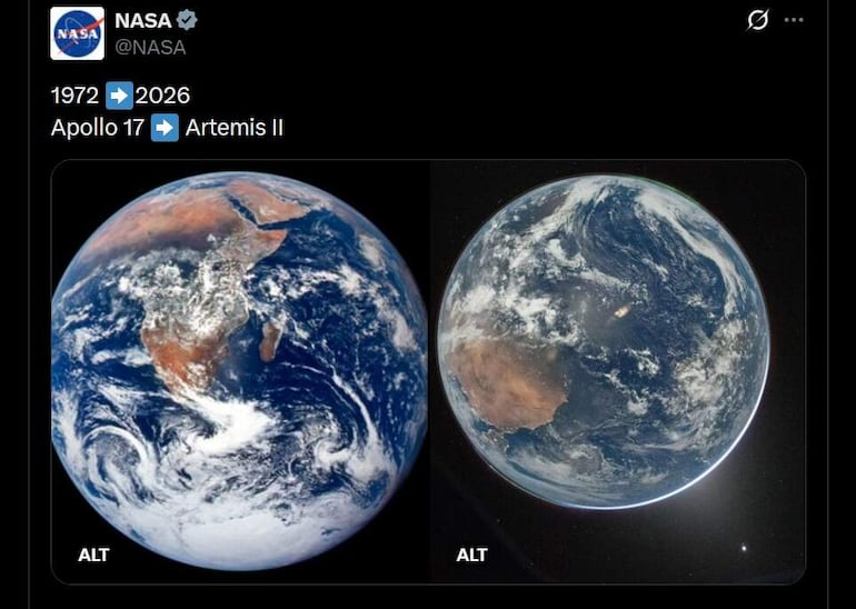 Fotografías publicadas por la NASA en su cuenta oficial de X que muestra una vista de la Tierra tomada por la tripulación del Apollo 17 en 1972 (i) junto a la última imagen capturada desde la nave Orión de la misión Artemis II el pasado 2 de abril.