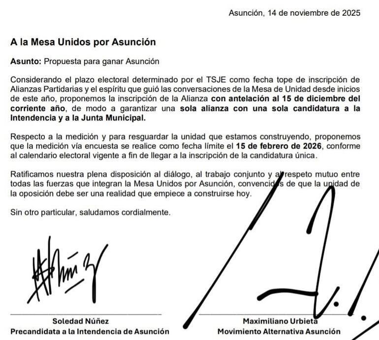 Propuesta de Soledad Núñez a Unidos Por Asunción.