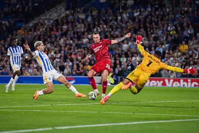 (From L) Brighton's Paraguayan striker #10 Julio Enciso, Crawley Town's English defender #24 Toby Mullarkey and Crawley Town's Ghanean goalkeeper #01 Jojo Wollacott fight for the ball during the English League Cup football match between Brighton and Hove Albion and Crawley Town at the American Express Community Stadium in Brighton, southern England on August 27, 2024. (Photo by Glyn KIRK / AFP) / RESTRICTED TO EDITORIAL USE. No use with unauthorized audio, video, data, fixture lists, club/league logos or 'live' services. Online in-match use limited to 120 images. An additional 40 images may be used in extra time. No video emulation. Social media in-match use limited to 120 images. An additional 40 images may be used in extra time. No use in betting publications, games or single club/league/player publications. /