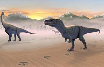 Reconstrucción digital del yacimiento 'A Hidden Place', donde carnívoros megalosaurios y herbívoros saurópodos compartían lagunas. Un equipo de la Universidad de Edimburgo identificó recientemente 131 huellas de dinosaurios que revelaron que especies carnívoras y herbívoras compartían lagunas de agua dulce de Escocia hace 167 millones de años, durante el Jurásico Medio.