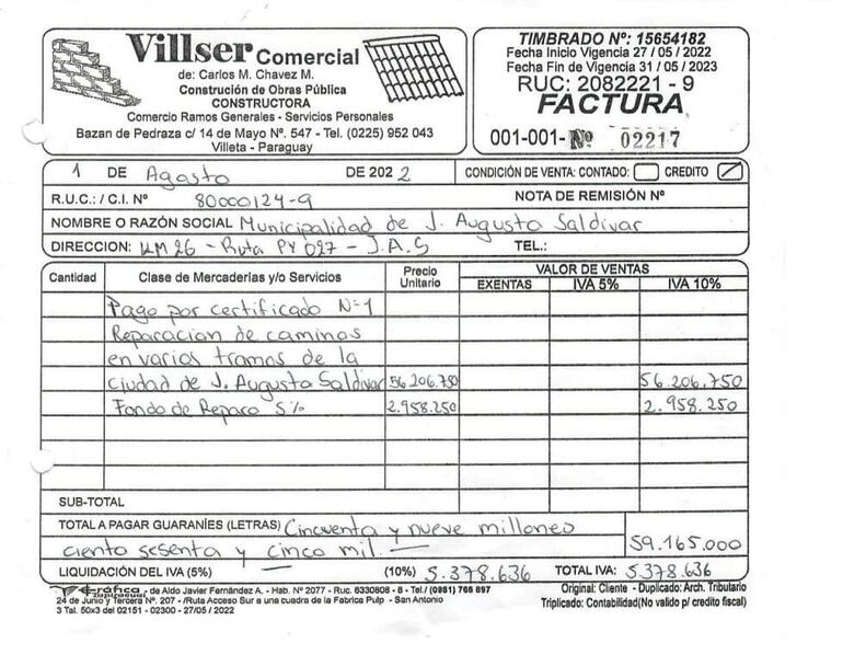 Una de las facturas emitidas por la administración de Diego Alonso, sobre la reparación de calles y en donde figuran solo algunos tramos.