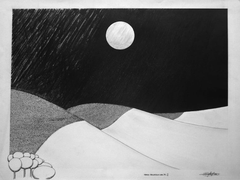 Obras de Gustavo Rodríguez Jara y Roque Ardissone expuestas en un ambiente nocturno iluminado por la luna.