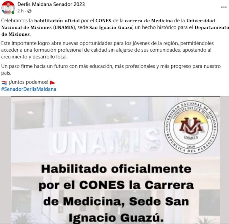 El senador cartista Derlis Maidana celebrando la "habilitación oficial" de la carrera de Medicina en la Unamis.