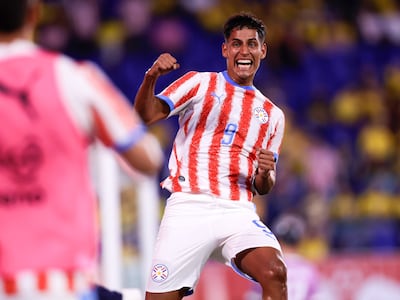 El debutante Hugo Adrián Benítez celebra el tanto ganador de Paraguay frente a Colombia, en el duelo disputado en el estadio Sports Illustrated de Nueva Jersey