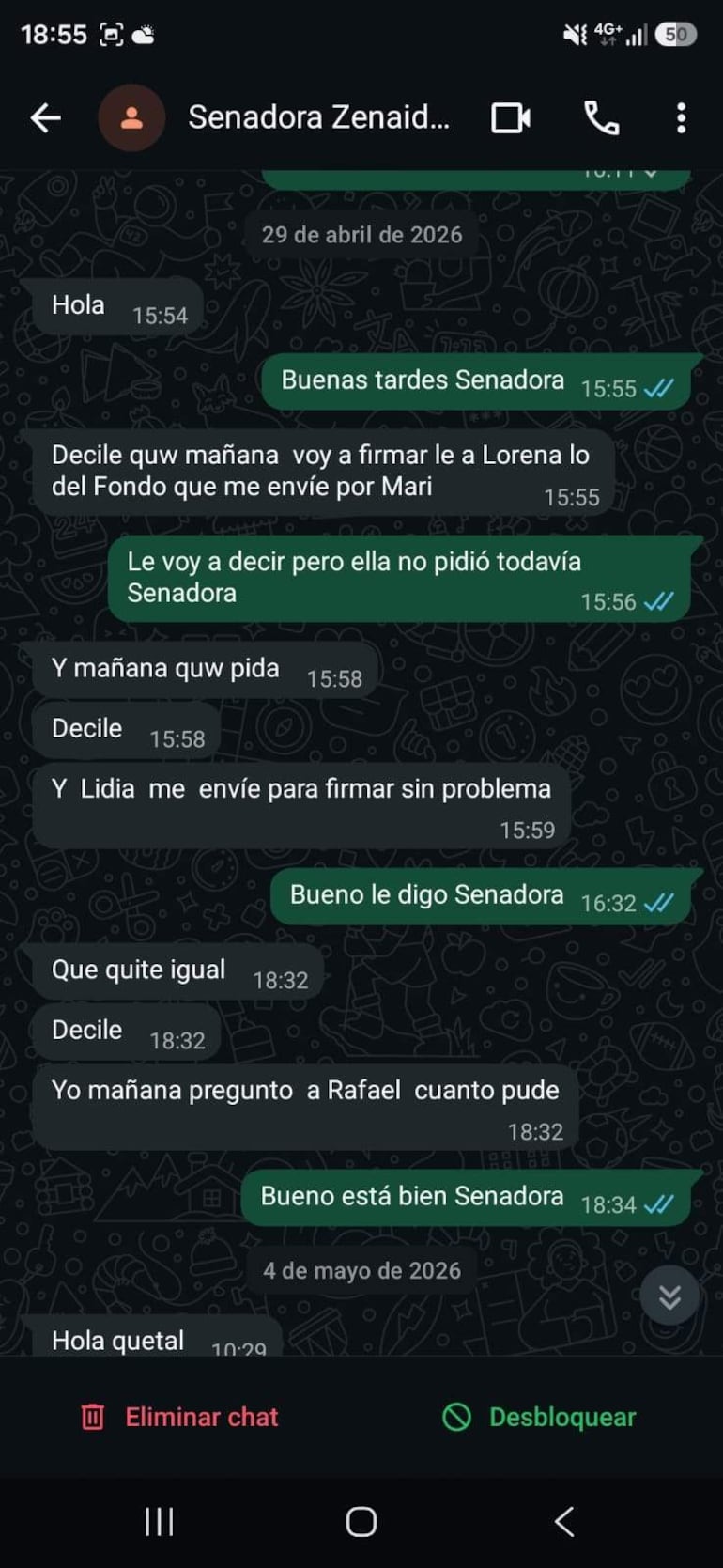 Chat de WhatsApp mostrando la Senadora Zenaida Delgado discutiendo sobre coimas y documentos con otra funcionaria.