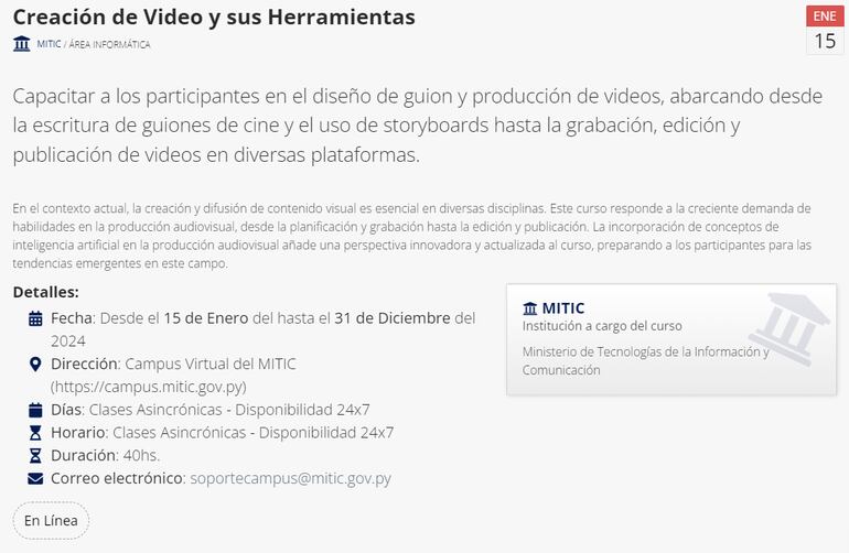 Información sobre el curso de creación de videos ofrecido por el Mitic.