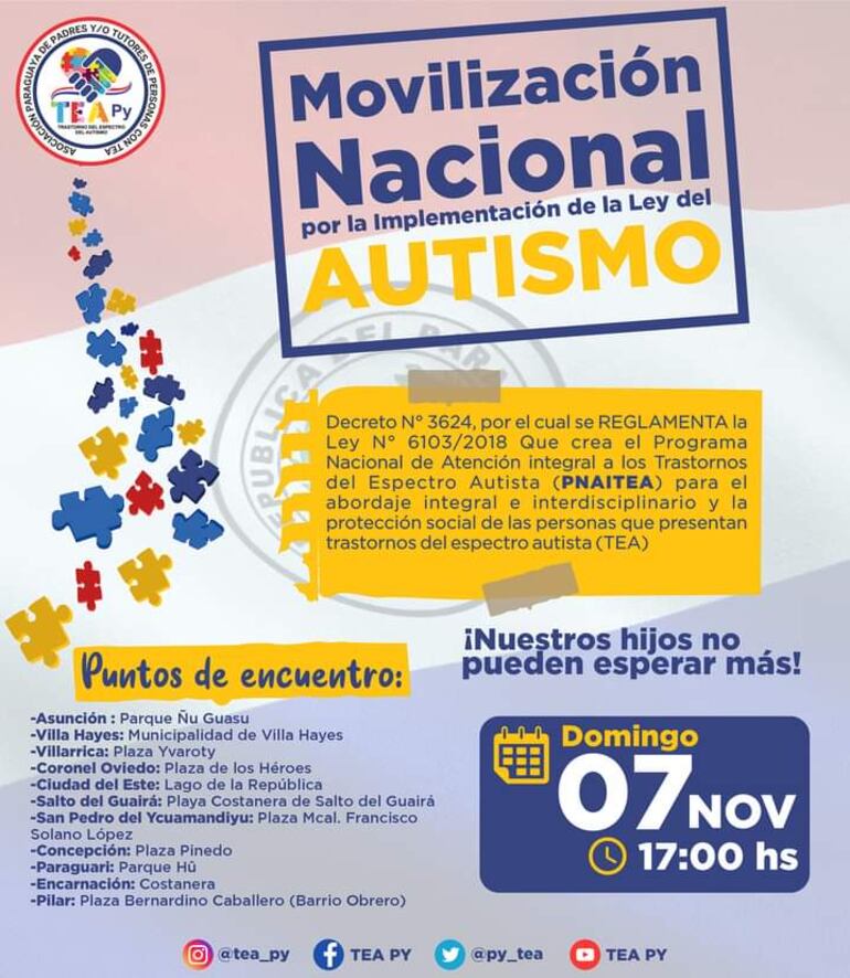 Las familias que integran la Asociación Paraguaya de Padres y Tutores de Personas con TEA, amigos y afines a la causa se movilizan este domingo para exigir que se implemente la Ley 6103/18 para que las personas con autismo acceden a un tratamiento digno.