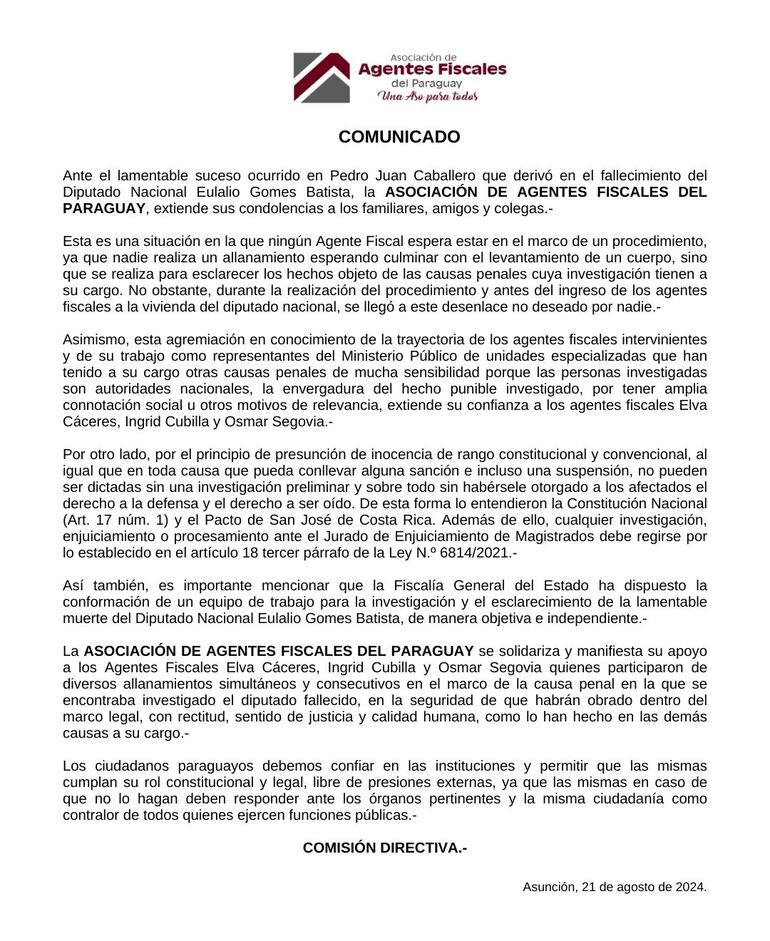 Comunicado de la Asociación de Agentes Fiscales, sobre el caso Lalo Gomes.